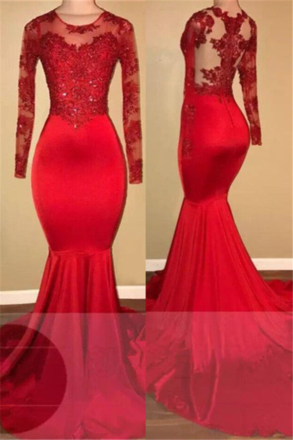 Elegant Red Long Sleeves Appliques Mermaid Jewel Prom Dress