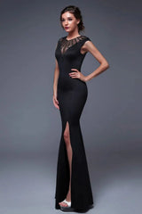 Elegant Scoop Mermaid Evening Gowns Long Split Prom Dress With Beadings