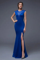 Elegant Scoop Mermaid Evening Gowns Long Split Prom Dress With Beadings