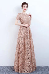 Elegant Short Or Long Sleeves Lace Evening Gowns Online Zipper Back With Belt