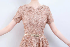 Elegant Short Or Long Sleeves Lace Evening Gowns Online Zipper Back With Belt