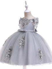 Elegant Short Sleeve Off Shoulder Above Knee Flower Girl Dress with Satin Tulle Lace Beadings and Appliques