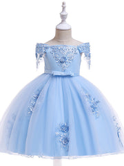 Elegant Short Sleeve Off Shoulder Above Knee Flower Girl Dress with Satin Tulle Lace Beadings and Appliques