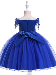 Elegant Short Sleeve Off Shoulder Above Knee Flower Girl Dress with Satin Tulle Lace Beadings and Appliques