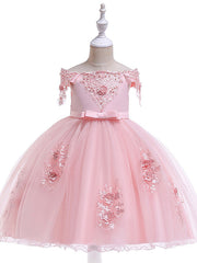 Elegant Short Sleeve Off Shoulder Above Knee Flower Girl Dress with Satin Tulle Lace Beadings and Appliques