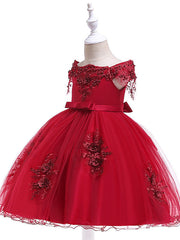 Elegant Short Sleeve Off Shoulder Above Knee Flower Girl Dress with Satin Tulle Lace Beadings and Appliques