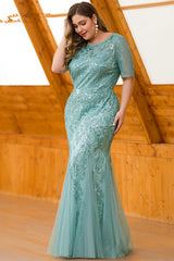 Elegant Short Sleeve Sequins Mermaid Plus Size Evening Prom Dress