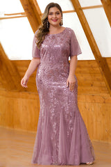 Elegant Short Sleeve Sequins Mermaid Plus Size Evening Prom Dress