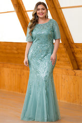 Elegant Short Sleeve Sequins Mermaid Plus Size Evening Prom Dress