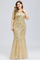 Elegant Short Sleeve Sequins Mermaid Plus Size Evening Prom Dress
