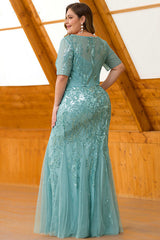 Elegant Short Sleeve Sequins Mermaid Plus Size Evening Prom Dress