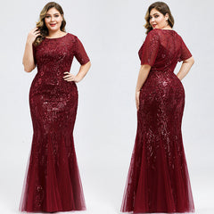 Elegant Short Sleeve Sequins Mermaid Plus Size Evening Prom Dress