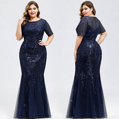 Elegant Short Sleeve Sequins Mermaid Plus Size Evening Prom Dress