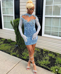 Elegant Sky Blue High Neck Long Sleeves Tulle Prom Dress with Pearls