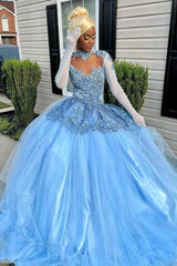 Elegant Sky Blue High Neck Long Sleeves Tulle Prom Dress with Pearls