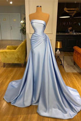 Elegant Sky Blue Long Mermaid Strapless Evening Prom Dress With Ruffle