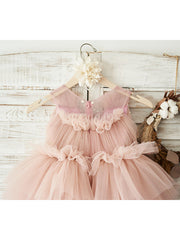 Elegant Sleeveless V Neck Ball Gown Knee Length Flower Girl Dress with Tulle and Pearls Belt