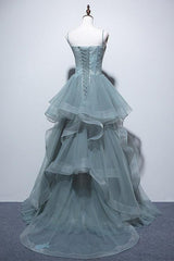 Elegant Spaghetti-Straps Long Evening Dress with Tulle Layered Appliques