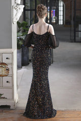 Elegant Spaghetti-Straps V-Neck Sequined Evening Formal Dress Mermaid With Bubble Tulle Sleeves