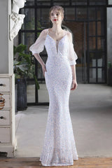 Elegant Spaghetti-Straps V-Neck Sequined Evening Formal Dress Mermaid With Bubble Tulle Sleeves