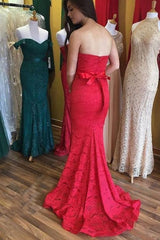 Elegant Sweetheart Mermaid Red Lace Long Prom with Sash Bridesmaid Dress