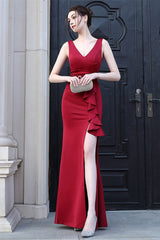 Elegant V-Neck Long Evening Dress On Sale - Split Front Mermaid Sleeveless