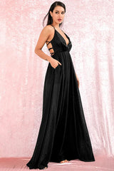 Elegant V-Neck Long Prom Dress Shinning Sleeveless Evening Gowns Online