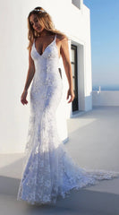 Elegant V-Neck Mermaid Prom Dress Lace Appliques Evening Party Gowns