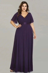 Elegant V-Neck Plus Size Chiffon Evening Dress With Short Sleeves