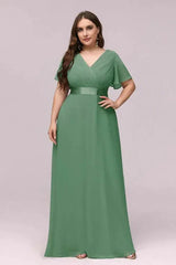 Elegant V-Neck Plus Size Chiffon Evening Dress With Short Sleeves