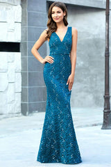 Elegant V-Neck Sleeveless Lace Prom Dress Long Mermaid Evening Gowns