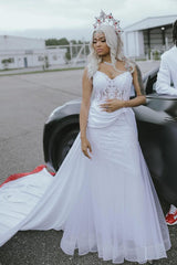 Elegant White Sweetheart Tulle Appliques Sheath Prom Dress with Overskirt