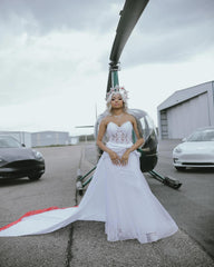 Elegant White Sweetheart Tulle Appliques Sheath Prom Dress with Overskirt