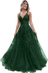 2024 Long Blue Lace Prom Dresses V Neck Formal Evening Dresses Open Back
