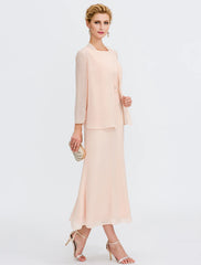 Aimishang  Two Piece Sheath / Column Mother of the Bride Dress Wedding Guest Plus Size Elegant with Jacket Long Sleeve Scoop Neck Tea Length Chiffon Sash / Ribbon Pleats Beadin