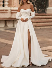 Aimishang Hall Simple Wedding Dresses A-Line Off Shoulder Long Sleeve Court Train Satin Bridal Gowns With Split Front Solid Color