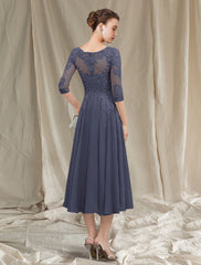 Aimishang  A-Line Mother of the Bride Dress Elegant Jewel Neck Tea Length Chiffon Lace Half Sleeve with Pleats Appliques