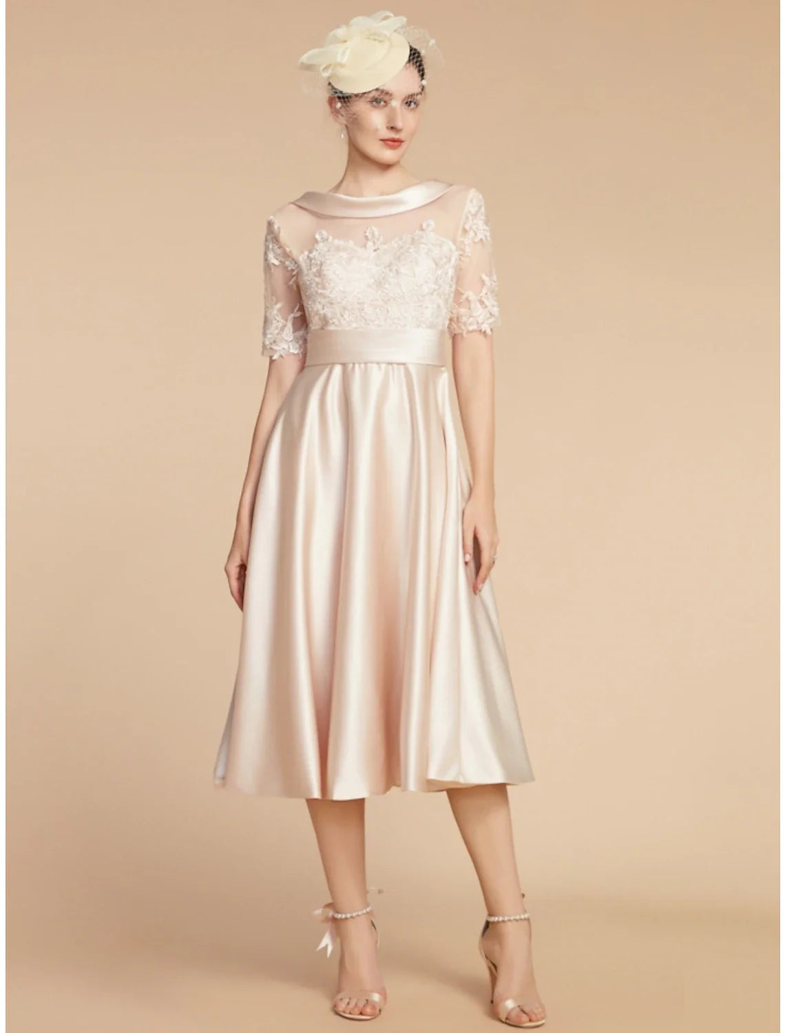 Aimishang  A-Line Mother of the Bride Dress Wedding Guest Elegant Petite Scoop Neck Knee Length Satin Lace Half Sleeve with Appliques Ruching Solid Color