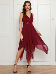 Weitese Deep V-Neck Lace Chiffon Bridesmaid Dress with Asymmetrical Hem
