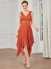 Weitese Deep V-Neck Lace Chiffon Bridesmaid Dress with Asymmetrical Hem