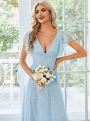 Weitese Double V Neck Long Lace Evening Dress with Ruffle Sleeves