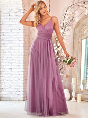 Weitese Floor Length Double V Neck Tulle Bridesmaid Dresses