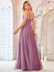 Weitese Floor Length Double V Neck Tulle Bridesmaid Dresses