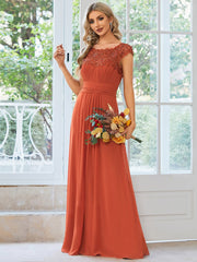 Weitese Elegant Floor-Length Lace Cap Sleeve Bridesmaid Dress