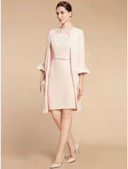 Aimishang  Two Piece A-Line Mother of the Bride Dress Wedding Guest Elegant Petite Jewel Neck Short / Mini Lace Stretch Fabric 3/4 Length Sleeve with Bow(s) Ruffles Solid Color