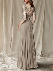 Aimishang A-Line Mother of the Bride Dress Wedding Guest Plus Size Elegant V Neck Floor Length Chiffon Lace Half Sleeve with Pleats Appliques