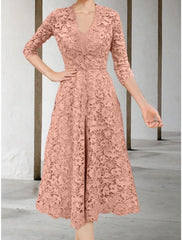 Aimishang  A-Line Mother of the Bride Dress Wedding Guest Elegant Petite V Neck Tea Length Chiffon 3/4 Length Sleeve with Ruching Solid Color