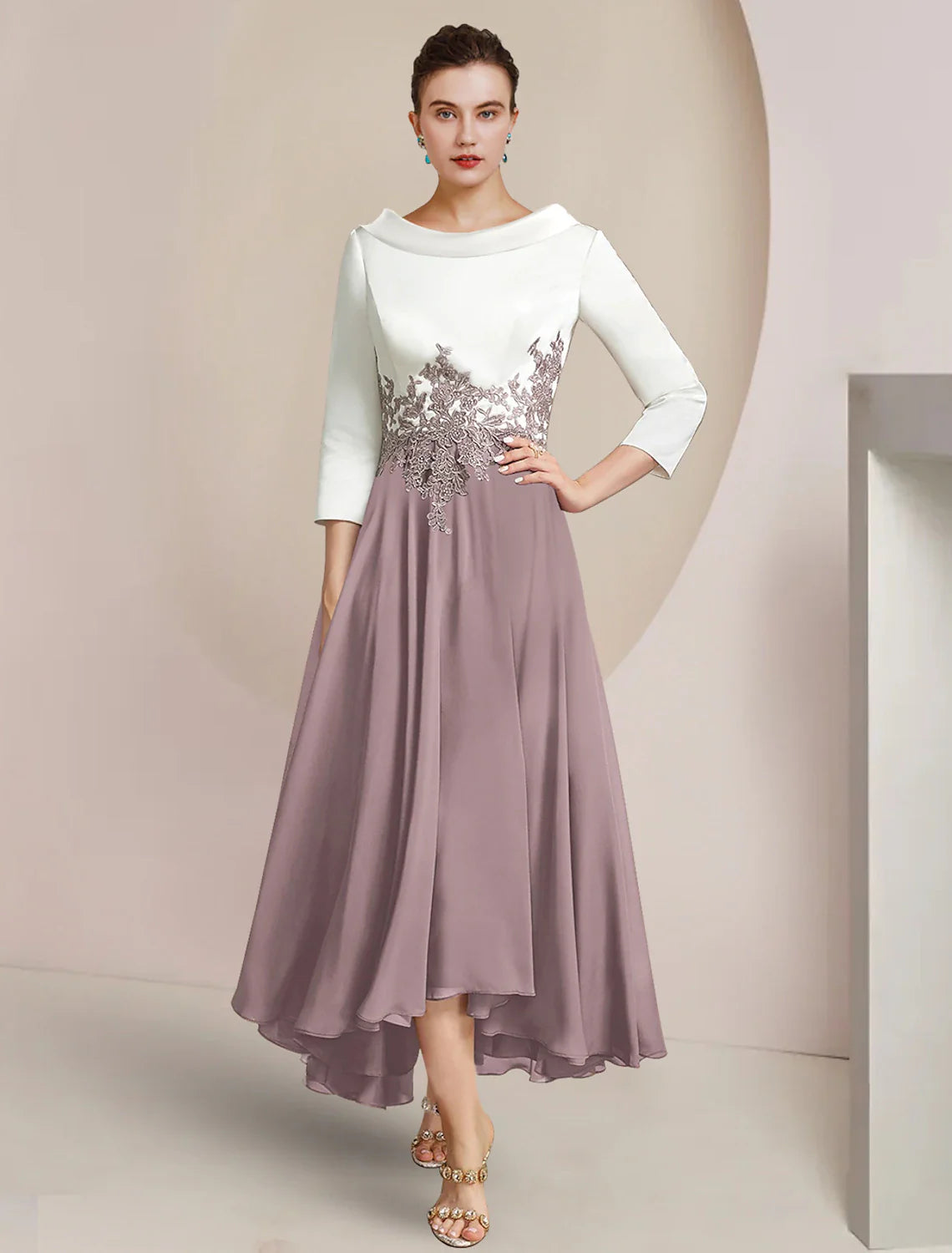 Aimishang  A-Line Mother of the Bride Dress Formal Wedding Guest Elegant High Low Scoop Neck Asymmetrical Tea Length Chiffon Satin Lace 3/4 Length Sleeve with Pleats Appliques Color Block