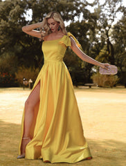 Princess Prom Birthday Dress One Shoulder Sleeveless Satin with Bow(s) Slit