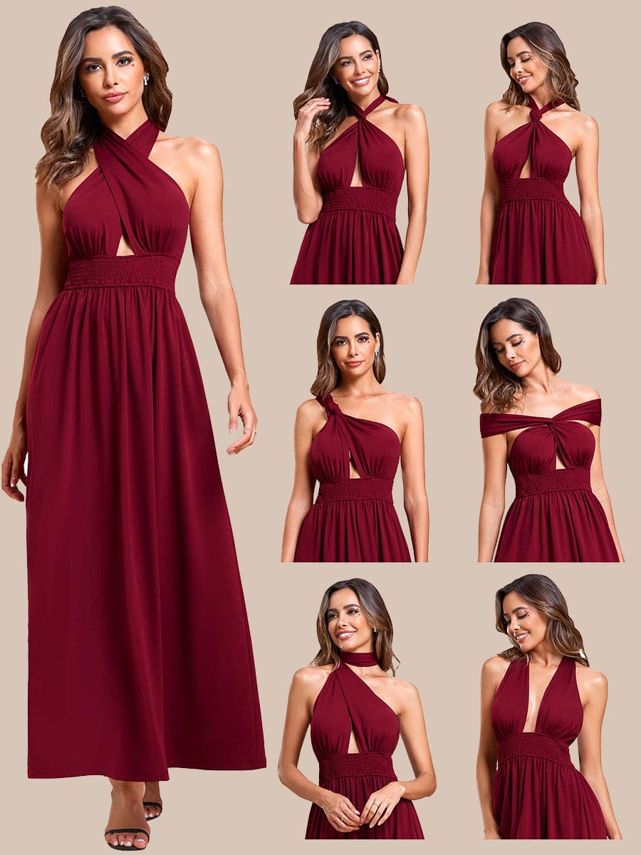 Weitese Convertible Halter A-Line Waist Tea Length Backless Bridesmaid Dress